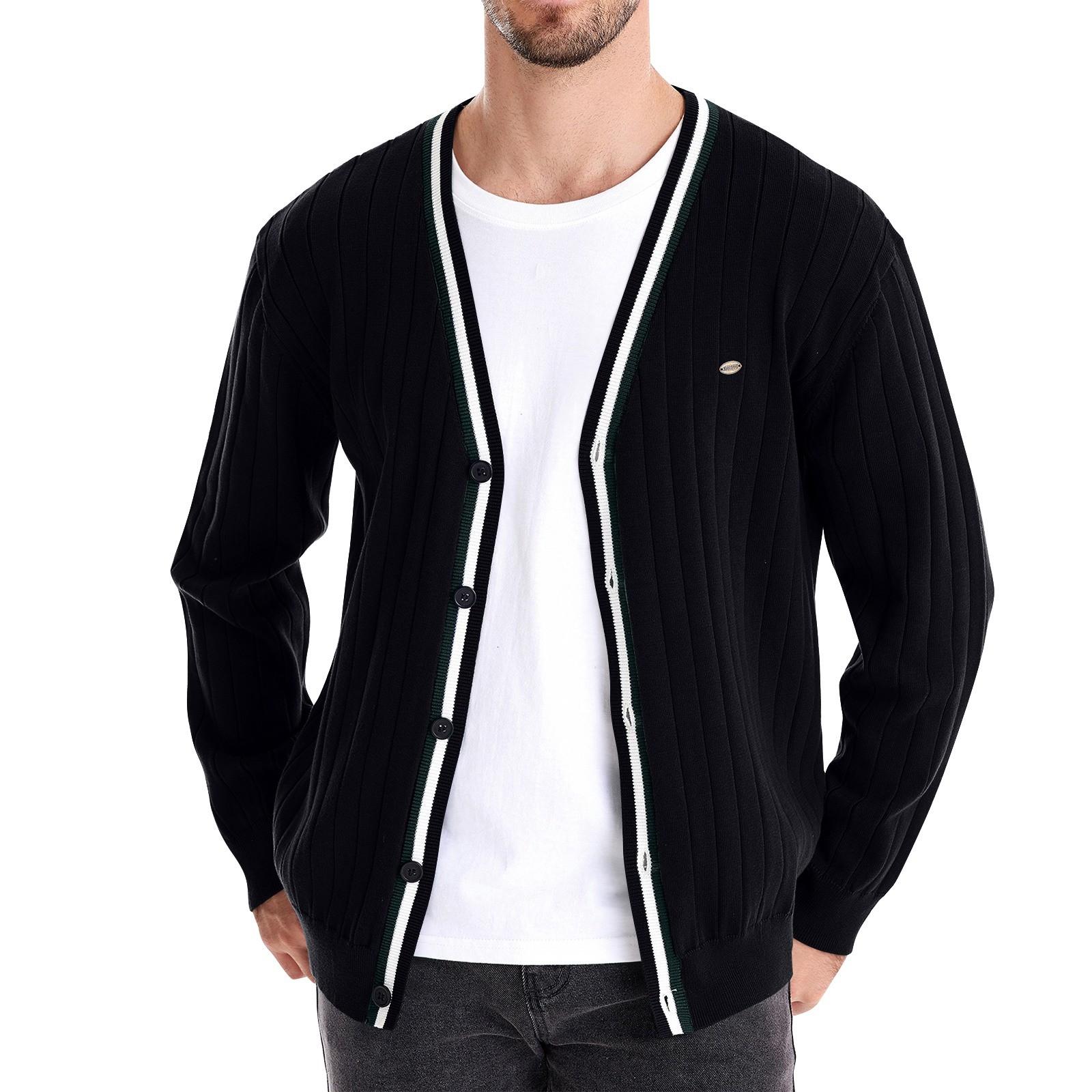 

Мужская зимняя куртка с V-образным вырезом и длинными рукавами, контрастная цветная отделка, мужской свободный однотонный вязаный кардиган M чёрный