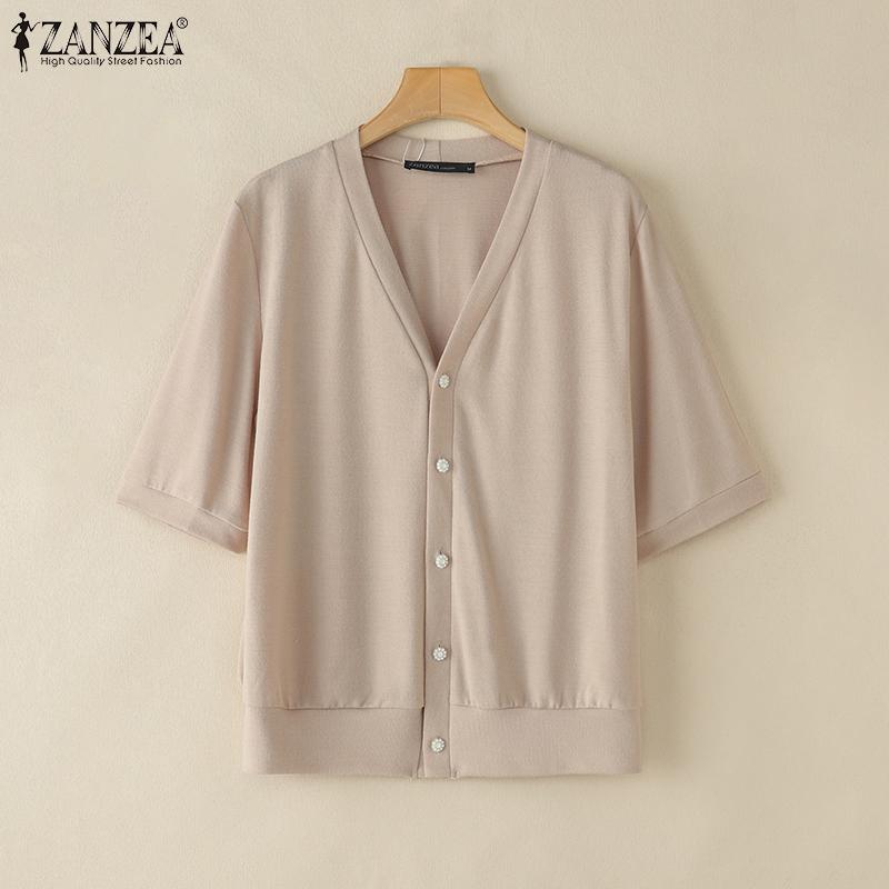 ZANZEA Women Casual V-Neck Solid Color Short Sleeve Blouse