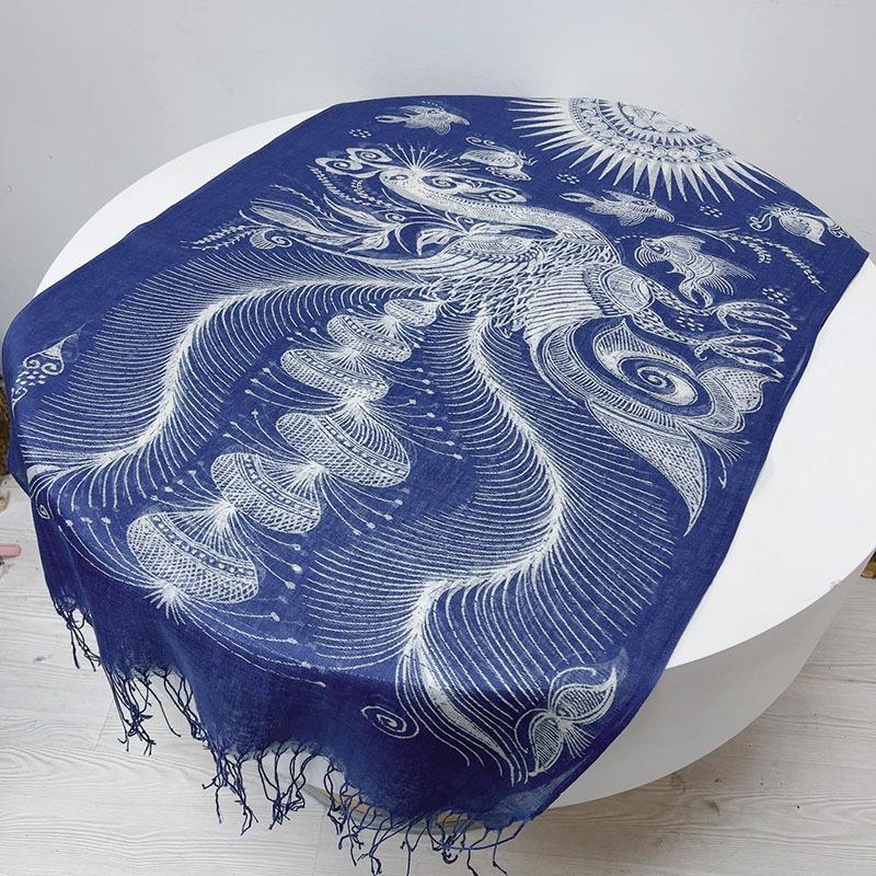 Linen Tie-Dye Scarf Gradual Change Blue Dye Batik Scarf Women'S Style Shawl Fringed Warm Silk Scarf