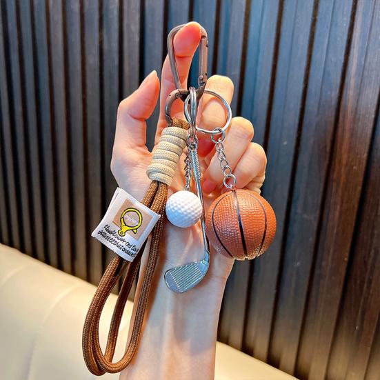 Keychain Sports Pendant with Braided Rope Metal Carabiner Mini Basketball Golf Clubs Charm Key Chain Bag Hanger Accessory