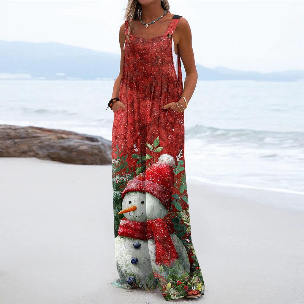 Women's Christmas Print Solid Wide Leg Strapless Tank Pocket Casual Onesie