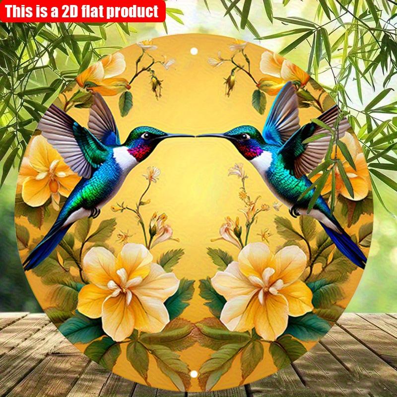 2D Flat 20*20cm 1pc Retro Hummingbirds Flying Under Yellow Flowers Scenery Round Wooden Door Sign, Nostalgic&Beautiful Pendant For Cafe Garage Window