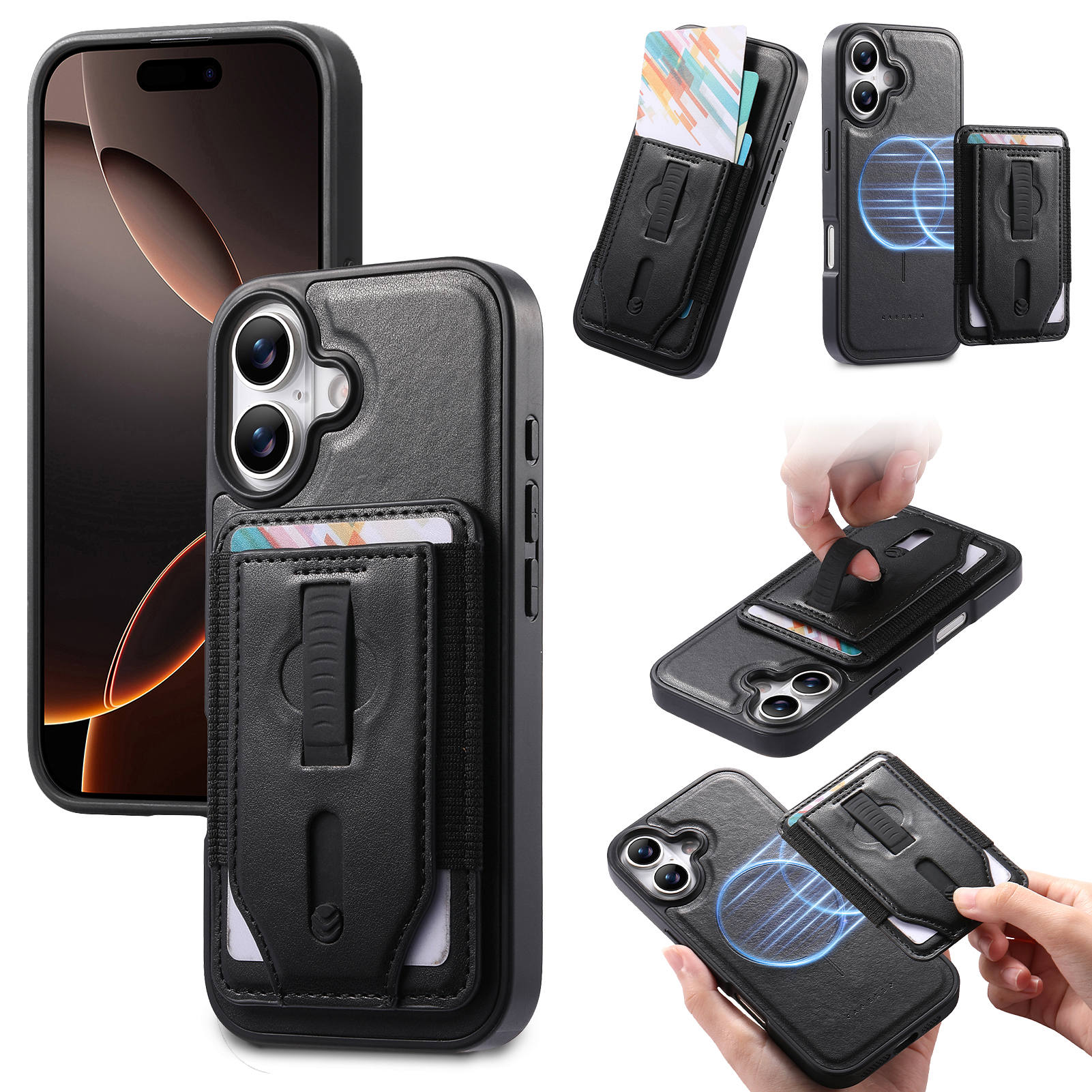 CASENEO For iPhone 17 Magnetic Case with Detachable Card Slot TPU PU Leather Silicone Wristband PC Drop-proof Phone Cover Compatible with MagSafe