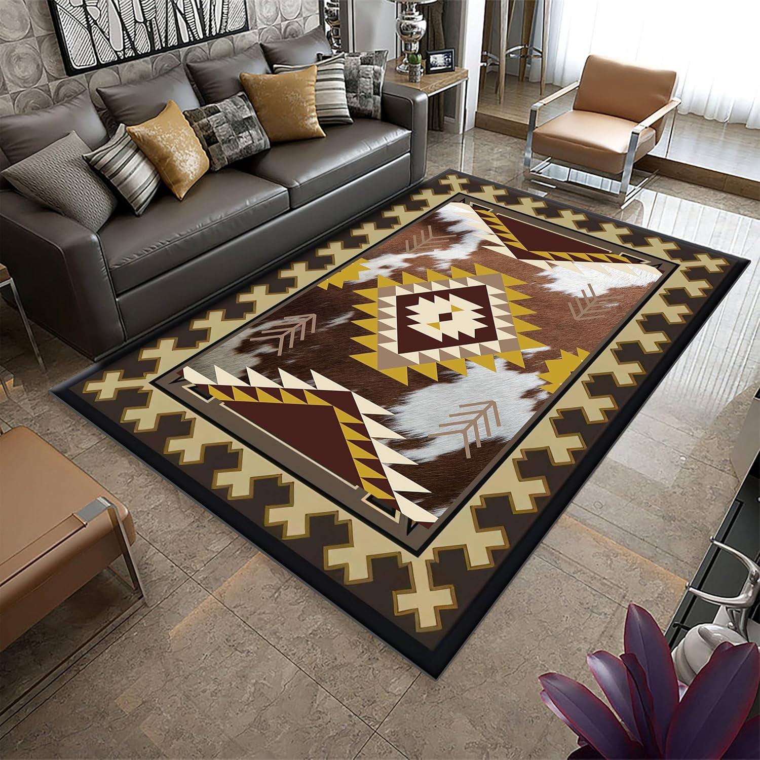Белый Коричневый Коровьий Принт Ковер Этническое Племя Стрела Ацтек Юго-Западный Коренной Американец Для Помещений Нескользящий Западный Декор Коврик 120X160CM
