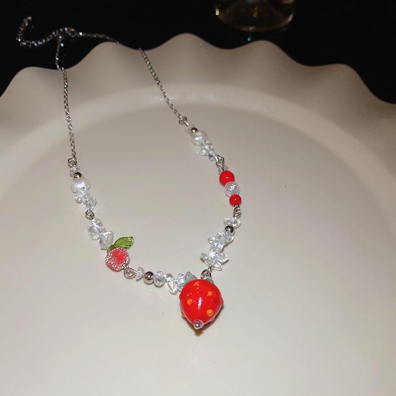 

Ожерелье из сладкого свежего клубничного жемчуга - роскошная модная цепочка на ключицу, универсальный аксессуар для женщин Silver красный