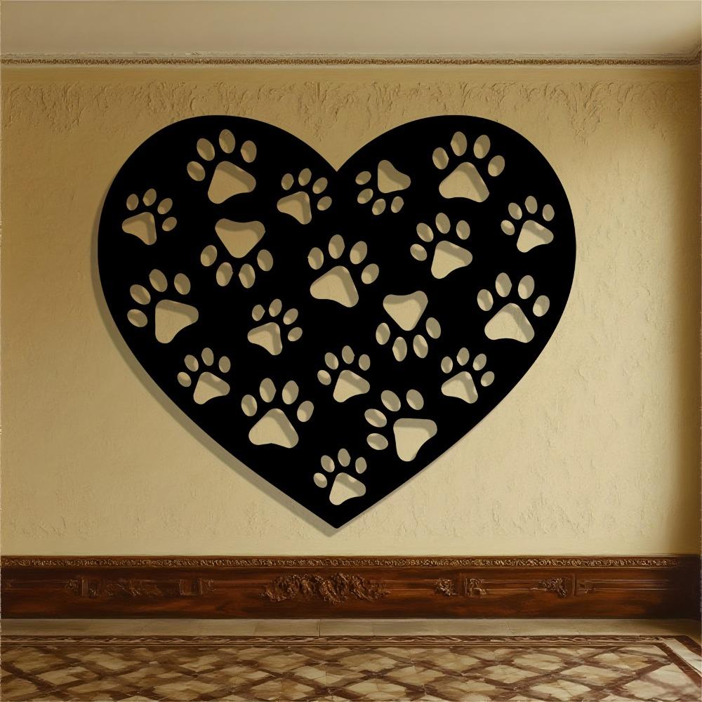 Paw Print Heart Metal Wall Art, Wrought Iron Black White Pet Decor Hanging Sign for Dog Owner Gift, Outdoor Durable, Easy Mounting Hardware Included
