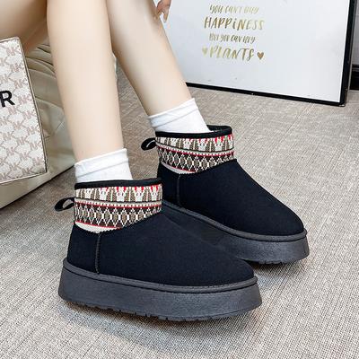 2024 Autumn and Winter New Thick Soled Ethnic Snow Boots for Women, Round Toe and Thick Cotton Shoes with Added Fleece