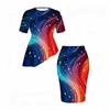 Women Plus Size Round Neck Short Sleeve Navy Red Printed Asymmetric Top And Fitted Skirt Two Piece Set