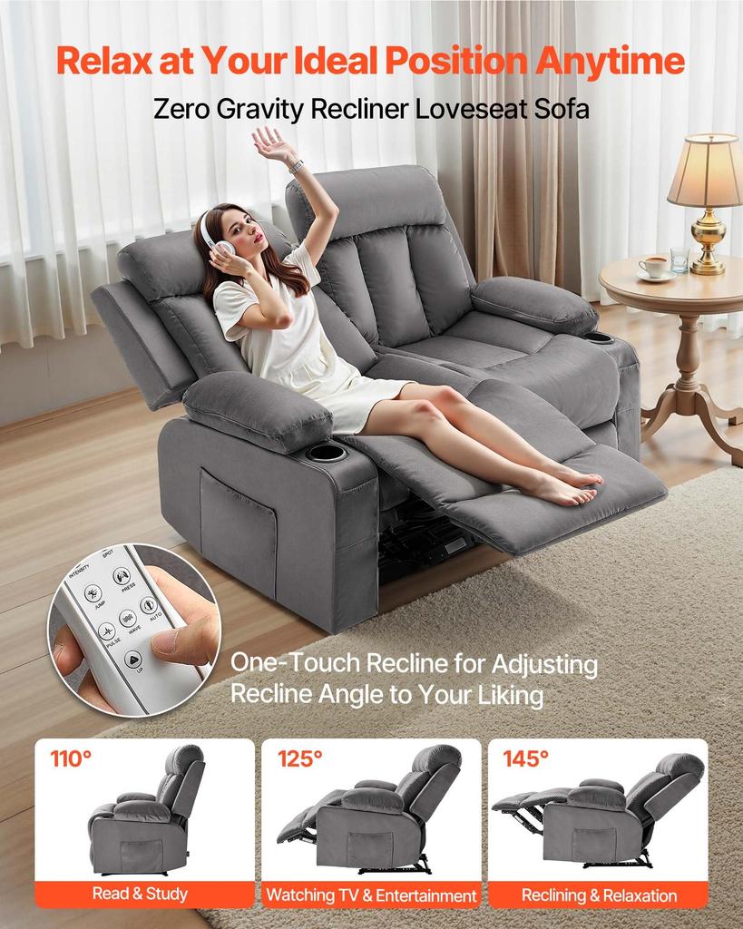 VEVOR Loveseat Recliner Sofa, Power Reclining Couch with Heating and Massage, Soft Velvet Electric Recliner Sofa with USB Ports
