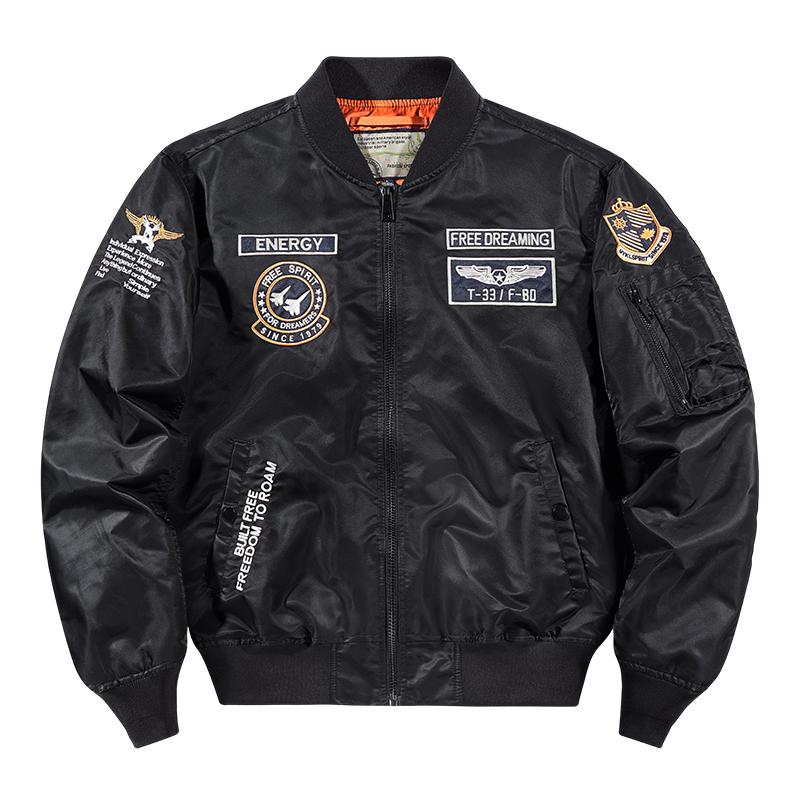 Autumn Men MA-1 Flight Bomber Jacket Badge Embroidery Patches Rib Knit Collar Zip Up Windproof Army Pilot Military Streetwear Casual Outerwear Coat
