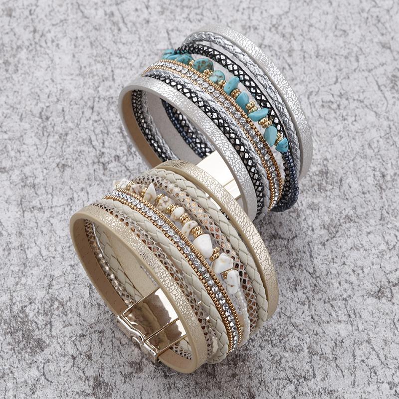 Natural Stone Leather Bracelet for Women Charm Retro Multilayer Crystal Snake Skin Wide Bracelets & Bangles Jewelry Gifts
