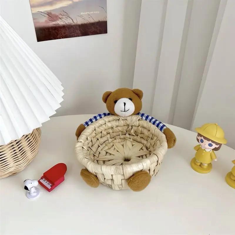 Cute Little Bear Hugging Weaving Storage Basket Woven Cosmetics Lipstick and Miscellaneous Items Storage Basket Desktop Decor