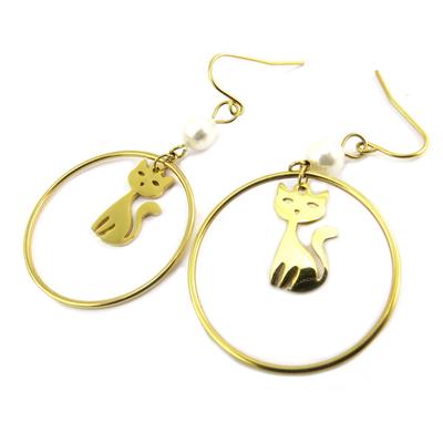 [P7368] - Designer Steel Earrings 'Cats' Ivory Gold - 45x30 Mm