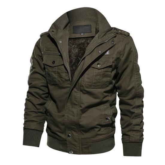 Men Bomber Jacket Plush Lining Multi Pockets Solid Color Zipper Closure Coldproof Autumn Winter Cargo Coat Windbreaker Streetwear