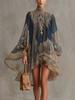 Women's High Neck Long Sleeve Mini Dress Loose Fit Mid Rise Paisley Print Sheer Chiffon Irregular Boho Vacation Tunic Dress 2026 Summer Beach Cover Up