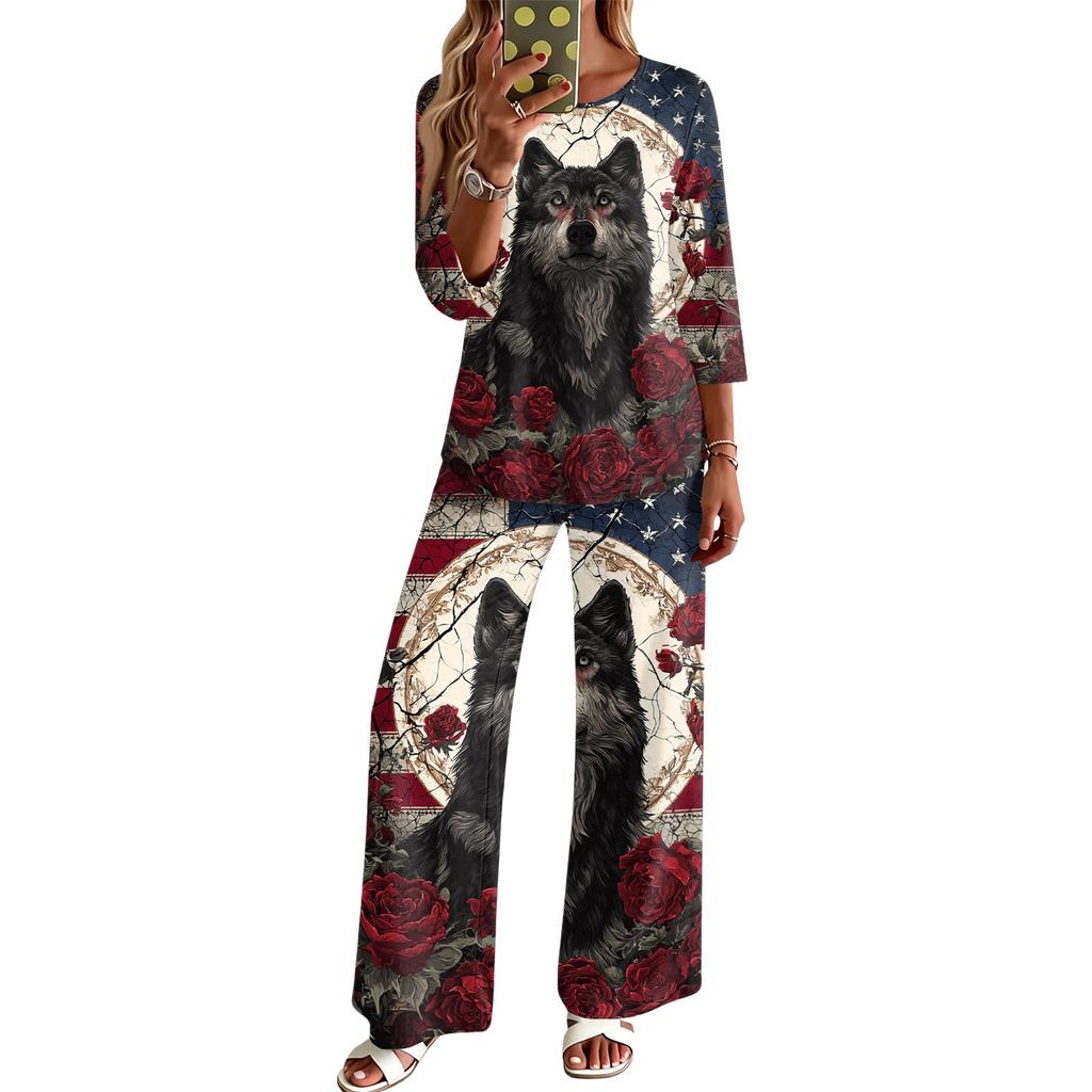 Women's Casual 2 Piece Outfit - Crewneck 3/4 Sleeve Loose Fit Top and Long Pants