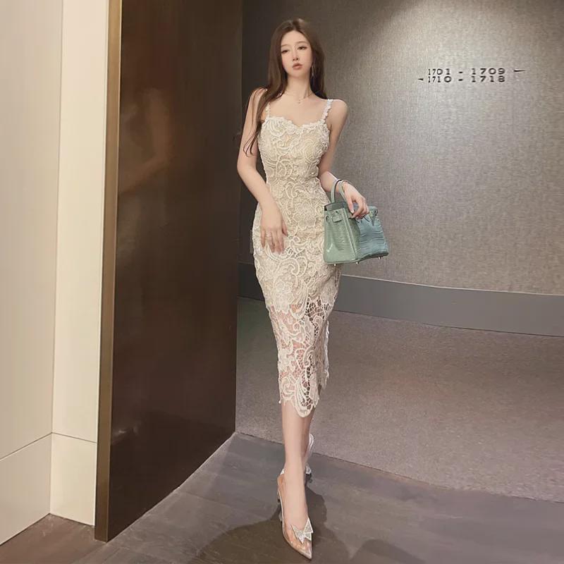 2024 Women's Sexy V-Neck Lace Off-Shoulder Slit Slimming Suspender Dress