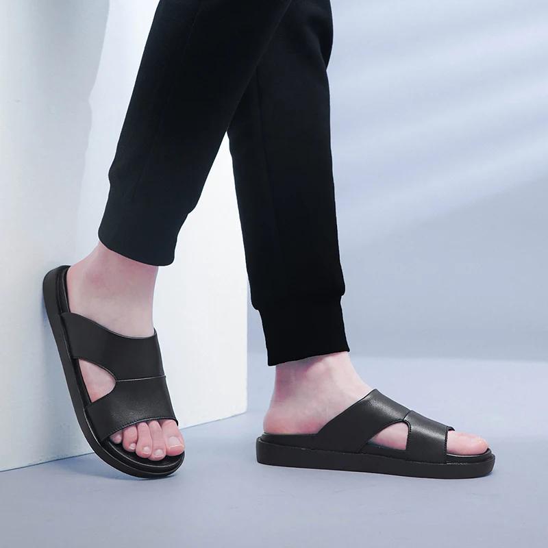 Summer New Men Black Thick Bottom Sandals Genuine Leather High-quality Comfort Beach Slippers Casual Shoes Outdoor Beach Shoes