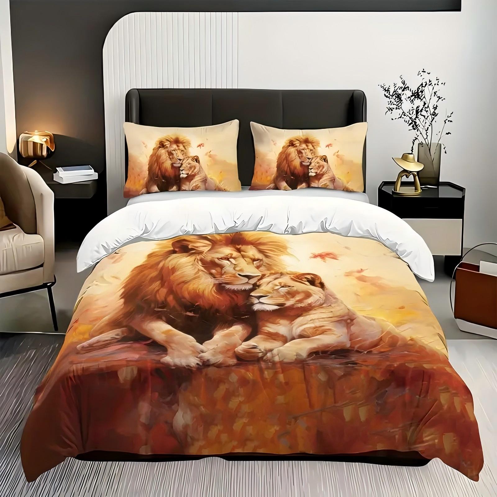 

Embrace Lions Pattern 3D Printed Duvet Cover Soft Comfortable Bedding Set Wildlife Theme Couple Style Quilt Cover Set Pillowcase 135x200cm 2pcs