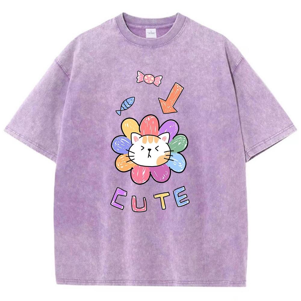 Cute Cartoon Little Flower Cat Men'S Tee Clothing Cartoon T-Shirts Popular Shoulder Drop Tee Shirt Retro Cotton Tops