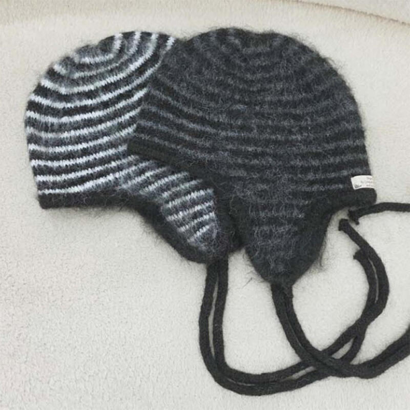 Women s Earflap Label Striped Boucle Winter Beanie gray
