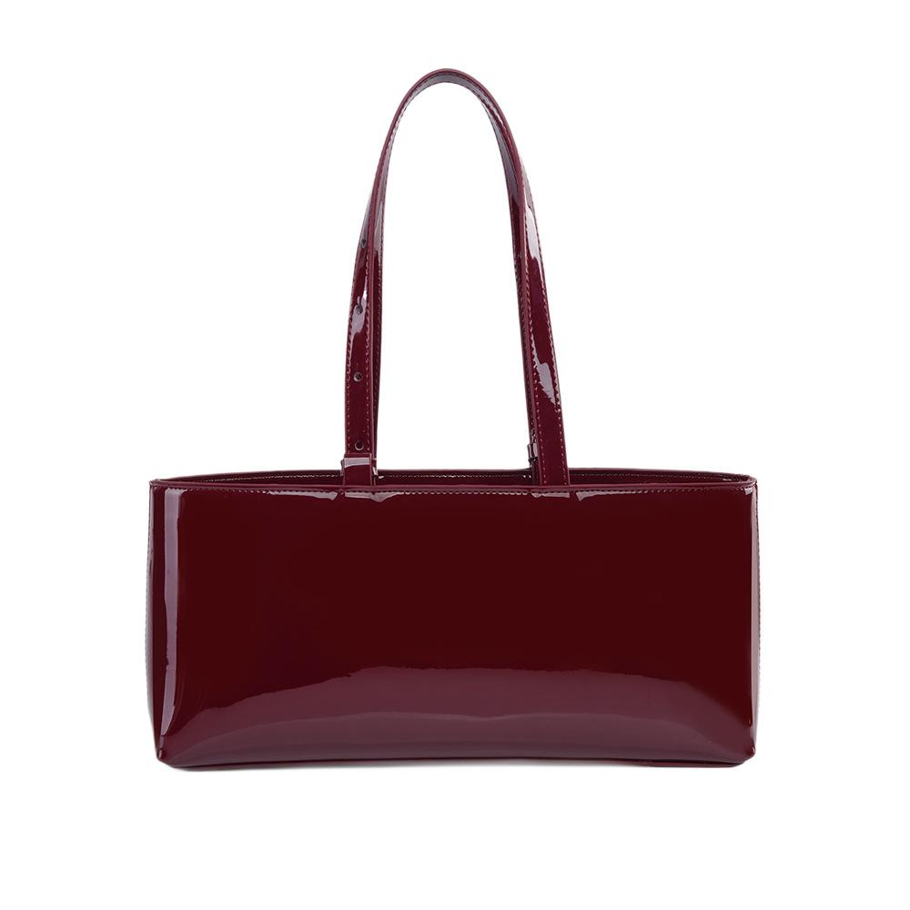 Women's French Style Light Luxury Glossy Patent Leather Armpit Bag, Women's Large Capacity Commuting Shoulder Bag, Vintage Wine Red Handbag