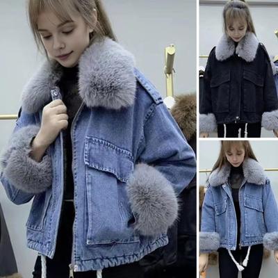 Winter Women Denim Jacket Faux Fur Trim Long Sleeves Thick Plush Lined Pockets Cold-proof Mid Length Windproof Outdoor Warm Coat