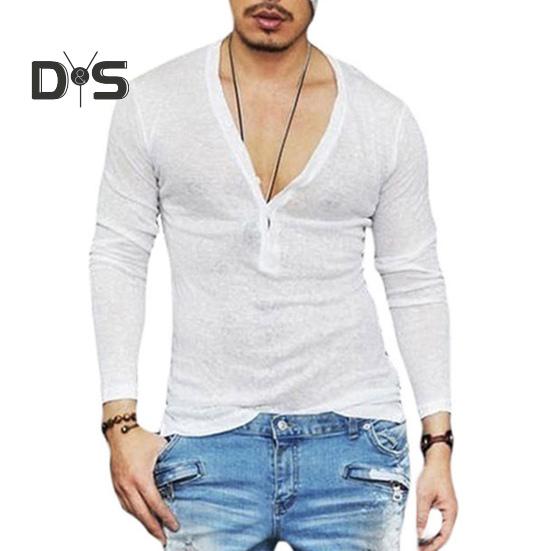 

Мужская футболка с V-образным вырезом, пуговицами, полузастежкой, длинным рукавом, однотонная, облегающая, обычного покроя, дышащая, топы S белый