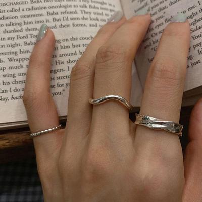 Anillo Abierto Geométrico Irregular de Plata S925 Estilo Coreano Vintage con Cuentas Redondas Apilables para Mujer