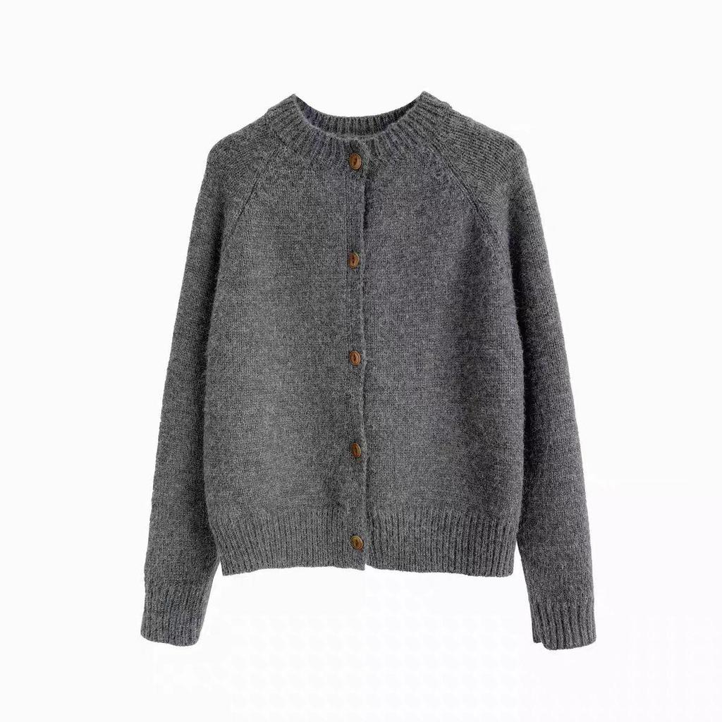 Women's Pumpkin-Colored Pure Wool Round-Neck Knitted Cardigan: Short, Thick Sweater for Autumn and Winter