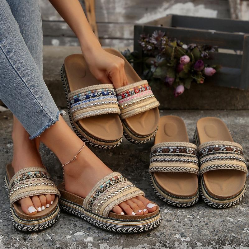 Women's Fashion Ethnic Style Platform Slippers Women's Bohemian Twine Large Size Beach Slippers