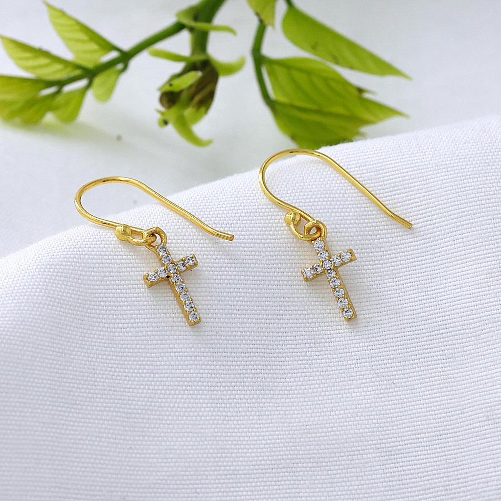 Gold Plated Cross Earring, 925 Sterling Silver Women Jewelry, Cubic Zircon Handmade Earring