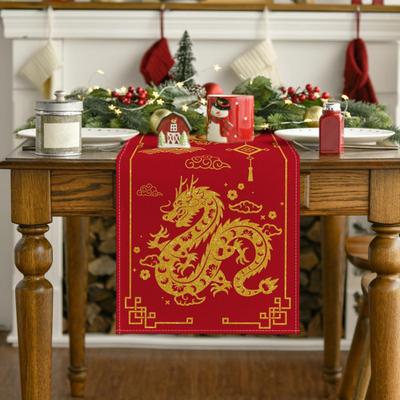 Neujahrs-Tischläufer, Drachendruck, dick, faltbar, feste Nähte, Pailletten, frohes chinesisches Neujahr, Tischdekoration, Schutz, Verbrühschutz, Feiertag
