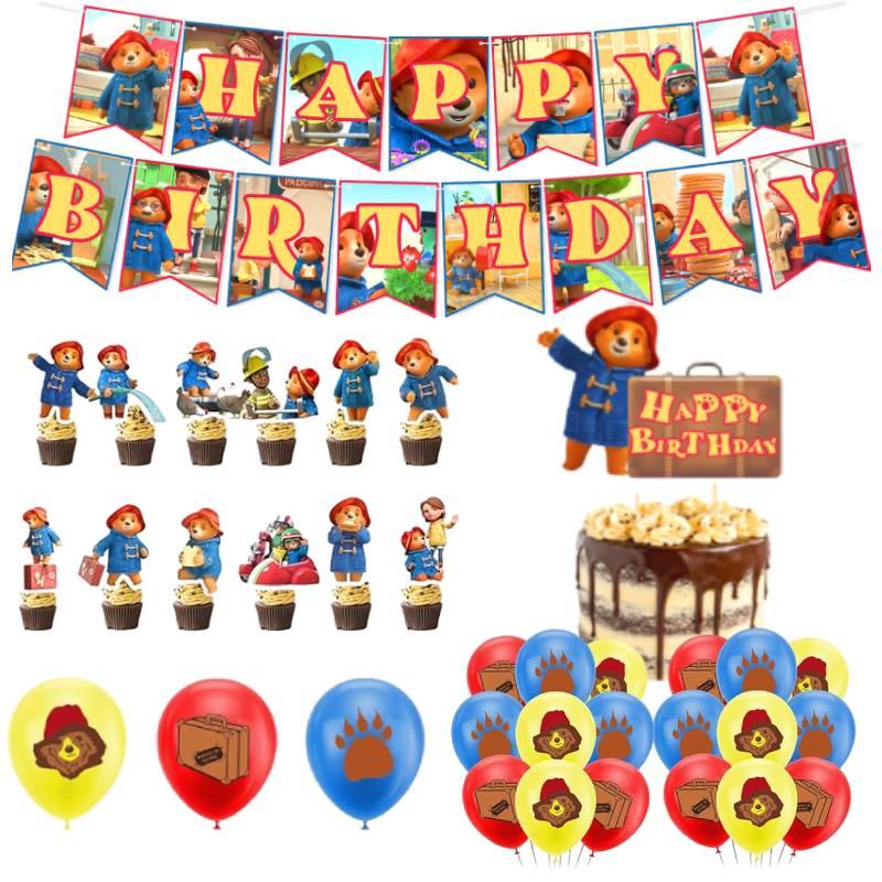 Party Bear Birthday Decor Set Banner Cake Toppers Balloons Pull Flag