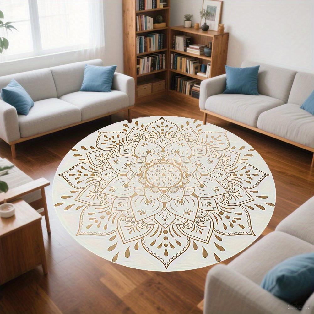 Bedruckter runder Teppich aus Flanell mit goldenem Mandala-Design für die Wohnkultur Weiche Bodenmatte Boho-Kunst-Thema Elegantes Interieur