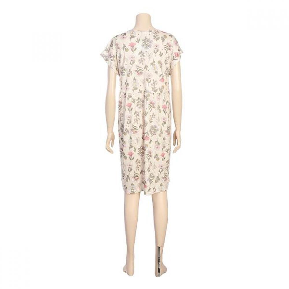 Beige Flower Cool Cotton Modal Short Sleeve Easy Dress  Ggw1033l 