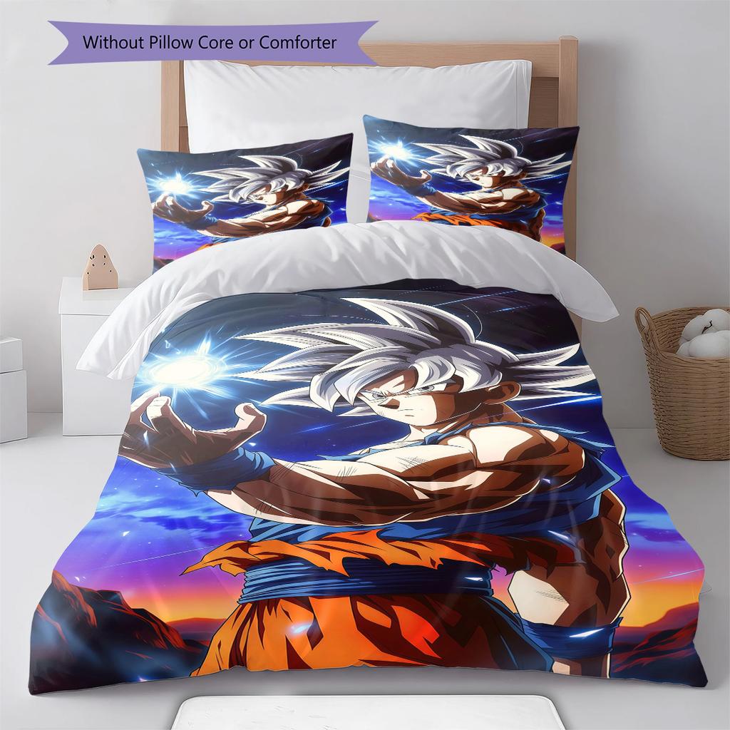 Son Goku Pattern Bedding Quilt Set Quilt Cover Pillowcase Home Birthday Gift(1 * Duvet Cover + 2 * Pillowcase, Without Core)