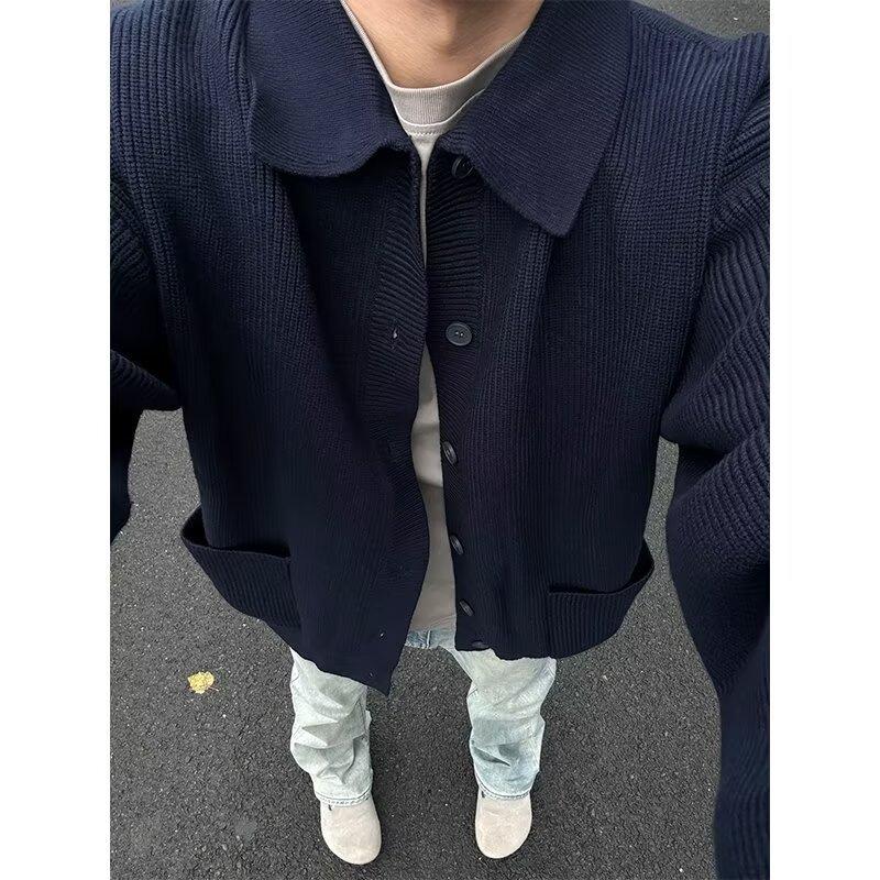 Men's Dark Blue Retro Knit Cardigan with Turn-Down Collar - Versatile Casual Sweater for Autumn and Winter