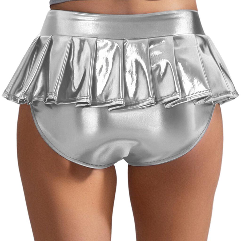 Dámské metalické lesklé mikro mini plisované culottes sukně Rave párty mikro šortky