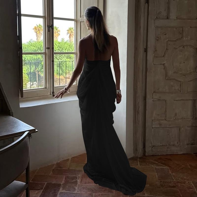 Sexy Loose Backless Sleeveless V-neck Pleated Long Halterneck Mesh Dress
