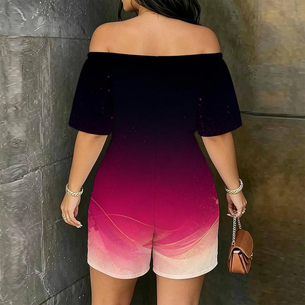 Women Plus Size Off Shoulder Short Sleeve Galaxy Marble Print Romper Loose Fit Side Pockets