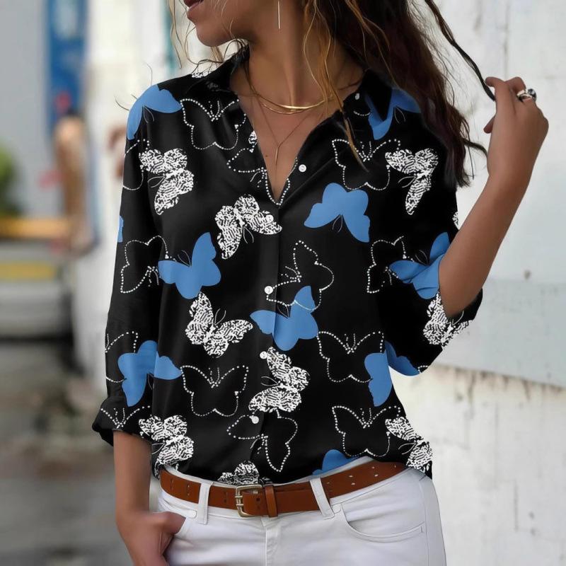 Chic Long-sleeve Butterfly Print Shirt, Ideal for Casual and Stylish Daily Wear.