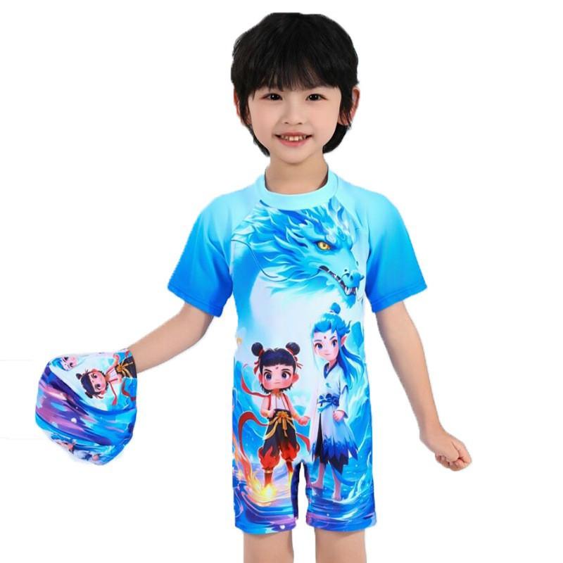 Boys 'swimming Suit Children's Cartoon Nezha Short-sleeved Sunscreen Boys' One-piece Surfing Diving