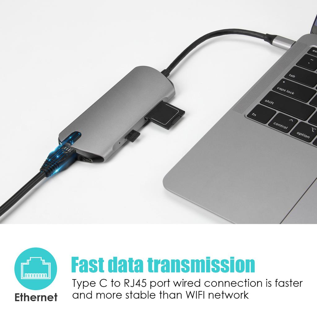 FX-1916 Type-C HUB 8 In 1 USB-C Adapter with 4K@30Hz HDMI/100W PD USB C Port/USB 3.0/RJ45 Ethernet/SD/TF Card Reader Docking Station