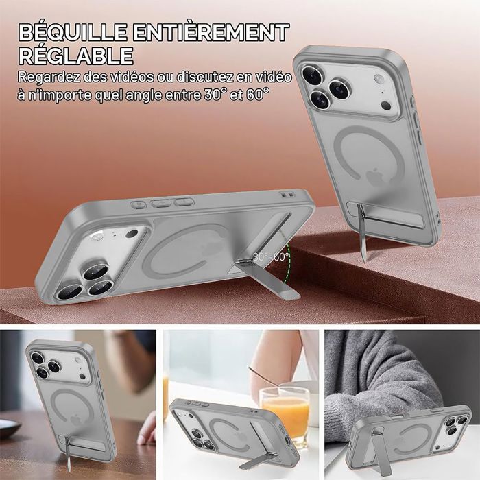 Coque pour iPhone 18 Pro, Antichoc Anti-Rayures avec Cercle Magnétique et Support - Gris