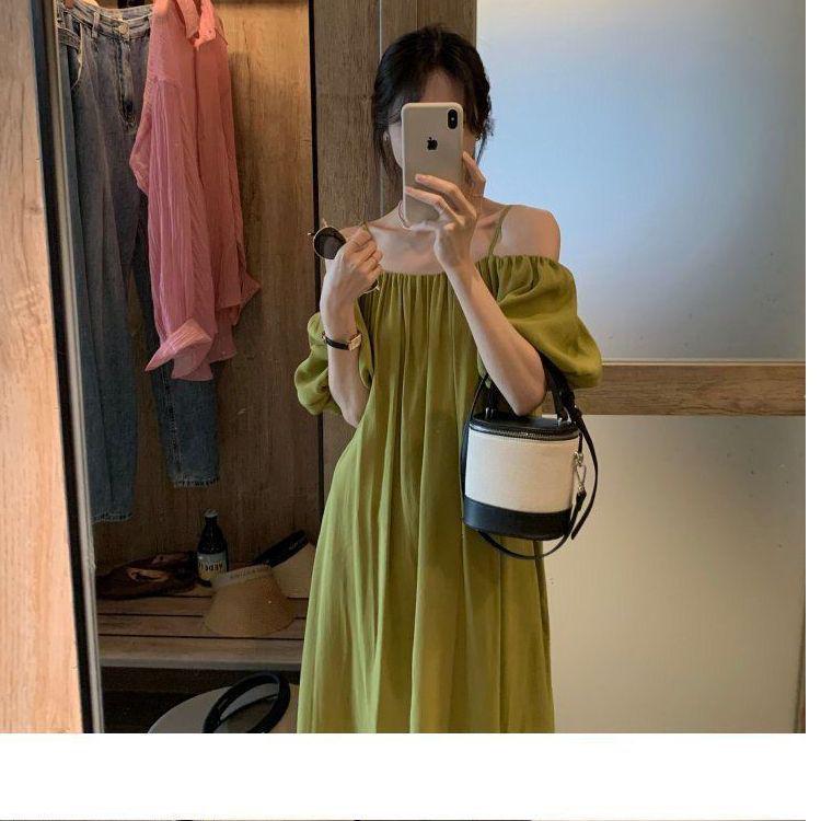 Women s Summer 2025 Green Spaghetti Strap Off-the-Shoulder Maxi Dress - Elegant French Beachwear Small