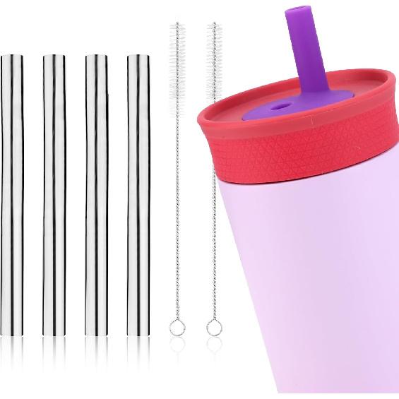 4pcs Metal Straw for Owala Kids 12 OZ Stainless Steel Tumbler, Reble Stainless Steel Replacement Straws with 2pcs Cleaning Brushes Compatible with