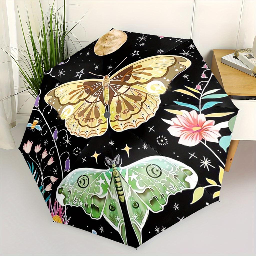 1pc Automatic Folding Umbrella with Moon & Butterflies Design - 8-Rib Portable Umbrella, Durable Iron Frame, Vibrant Starry Ni