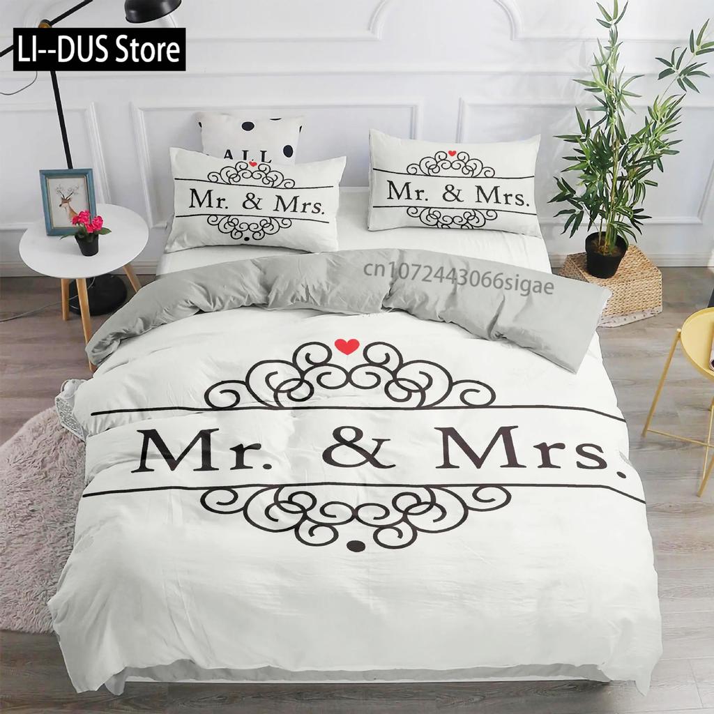 Black and White Duvet Cover Queen/King/Full Size Mr and Mrs Bedding Set 3Pieces Soft Microfiber Couple Romantic Comforter Cover