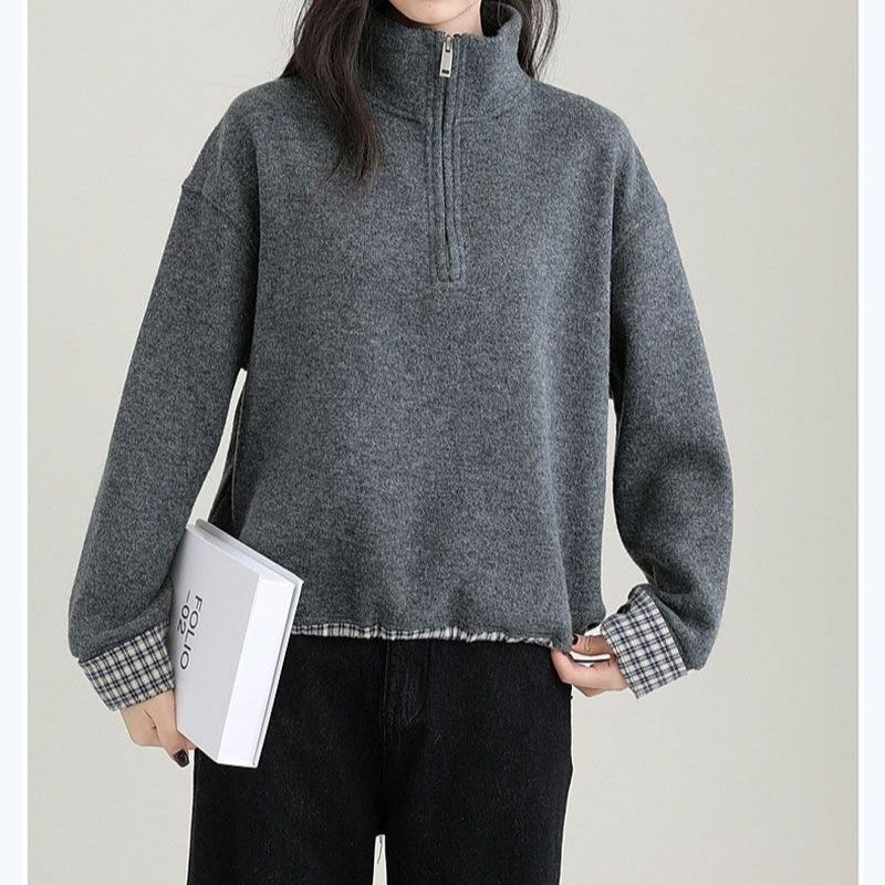 Stand-up Collar Velvet Half-zip Sweatshirt for Women Autumn and Winter New Thickened Warm Plaid Splicing Top